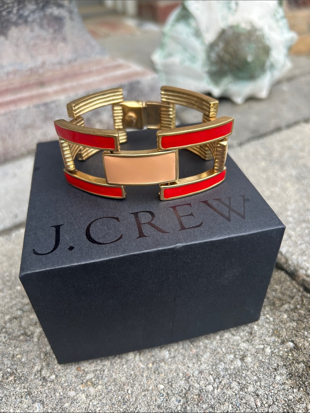 J. Crew Squared Enamel Link Bracelet with Red and Peach Enamel Panels
